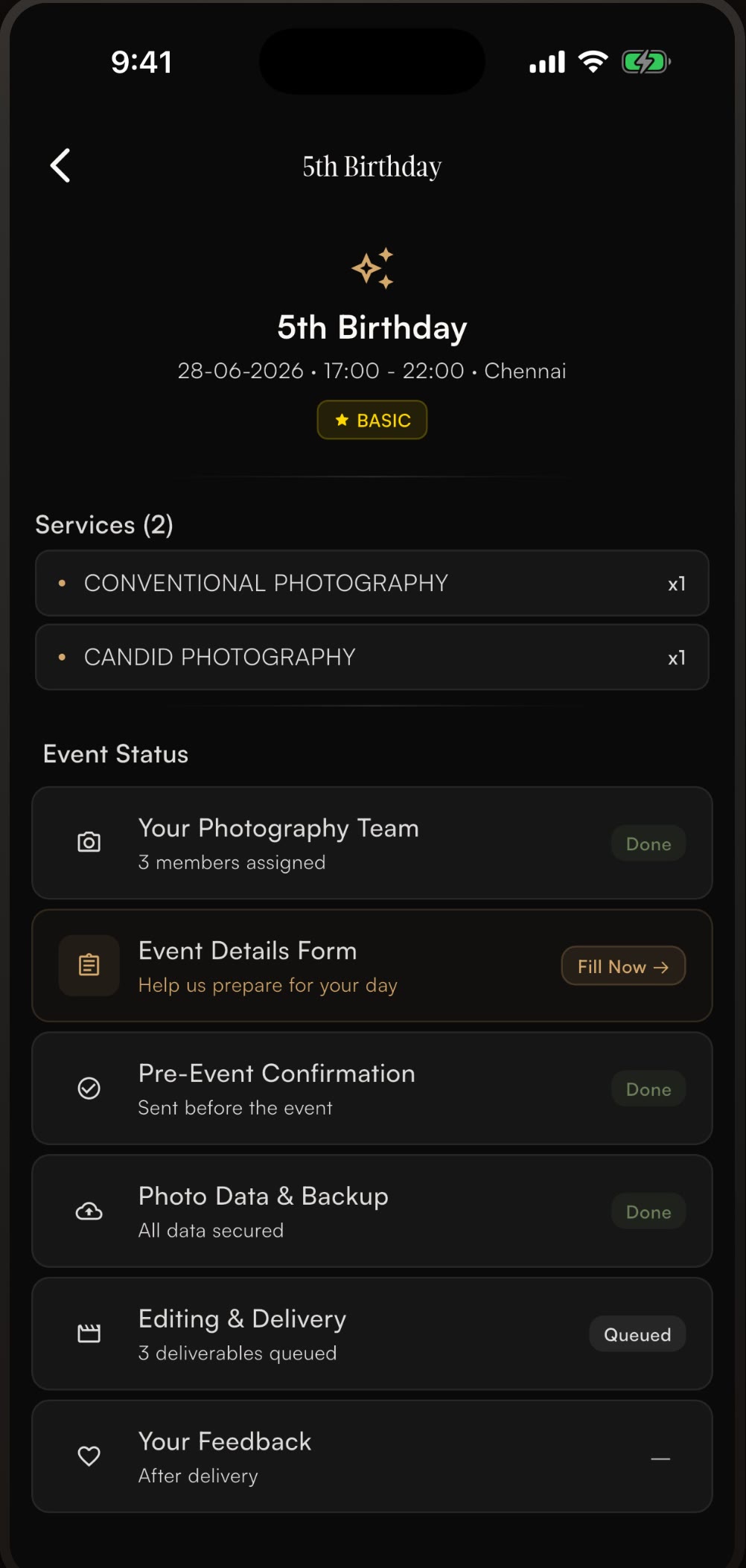 Event coordination checklist — team, delivery status and feedback — inside the OOAK Exclusive app