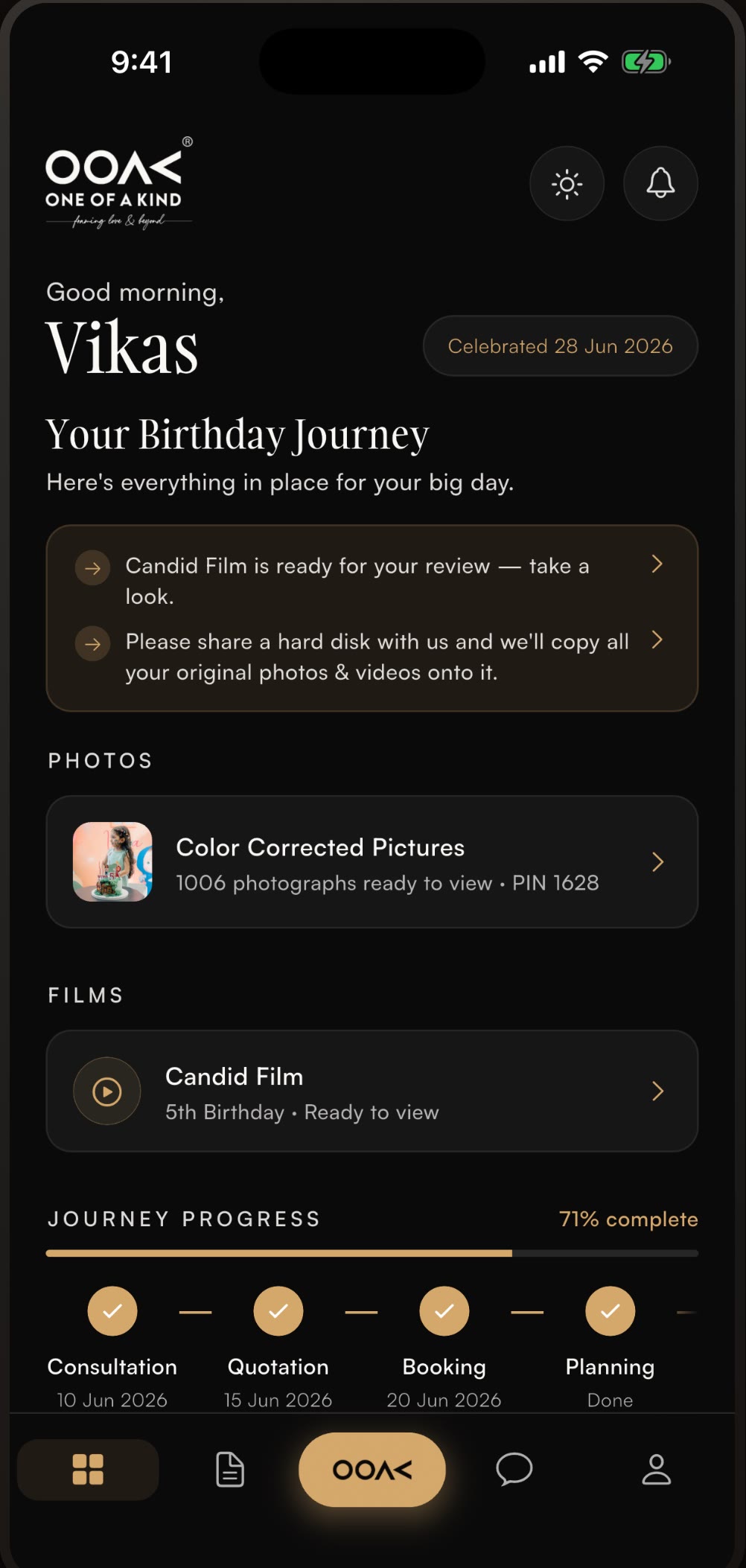 The OOAK Exclusive app's home screen — wedding journey progress, photos and films